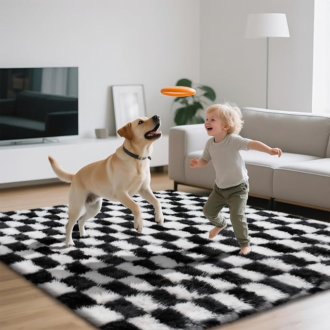 Area Rugs for Bedroom Living Room,5x8 Black and White Fluffy Soft Checkered Rug Fuzzy Shag Shaggy Carpet, Indoor Plush Floor Rugs for Teen Dorm Home Decor