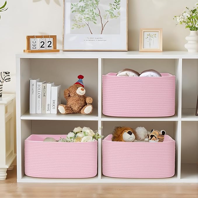 3 Pack Large Storage Basket for Organizing, 17.5"x13.5"x7.5" Woven Basket for Shelves, Closet Cube Storage Bins with Wrapped Handle, Cotton Rope Baskets for Kitchen, Clothes, Toys(Light Pink)