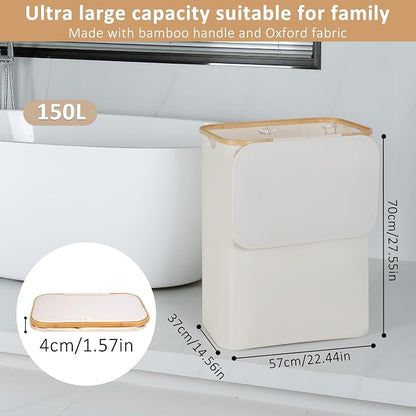 iEGrow 150L Laundry Basket with Lid, Large Laundry Hamper with Bamboo Handle, Collapsible Dirty Clothes Hamper Organizer with 2 Removable Inner Bags for Clothes Towels - Beige