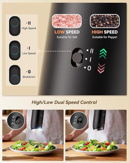WONMAKE Gravity Electric Salt and Pepper Grinder Set with Charging Base, Automatic Salt and Pepper Mill, 6-Level Adjustable Coarseness, Dual Speed, and Large 5.95oz Capacity