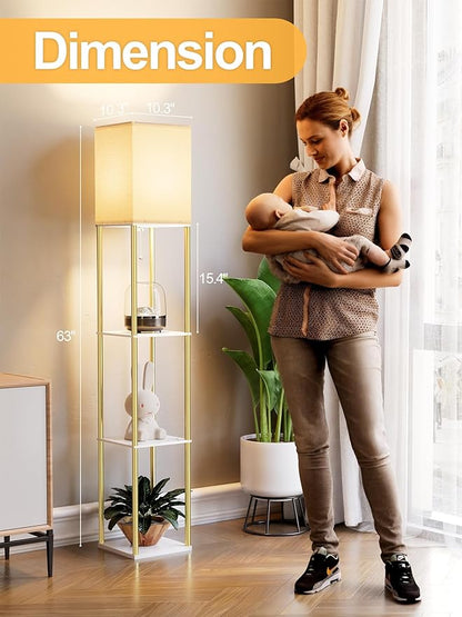 Floor Lamp with Shelves, Modern Corner Display Standing Column Shelf Lamp Etagere Organizer Tower Nightstand with White Linen Shade for Living Room, Bedroom and Office, Marble White and Gold Poles