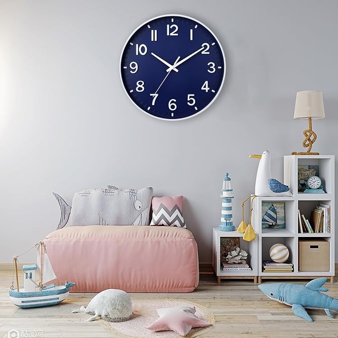 HZDHCLH Navy Blue Wall Clocks Battery Operated,12 inch Silent Non Ticking Modern Wall Clock for Living Room Bedroom Kitchen Office Classroom Decor