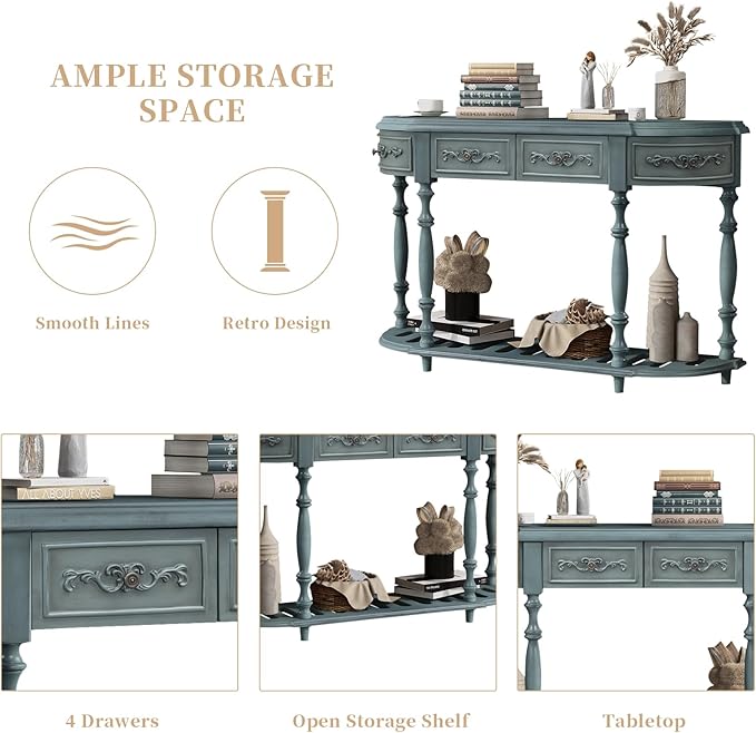 HMFULE Retro Curved Console Table, 52" Solid Wood Half Moon Console Table Sofa Table with 4 Drawers 1 Open Shelf for Living Room,Entryway,Hallway,Antique Blue