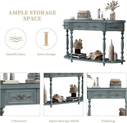 HMFULE Retro Curved Console Table, 52" Solid Wood Half Moon Console Table Sofa Table with 4 Drawers 1 Open Shelf for Living Room,Entryway,Hallway,Antique Blue