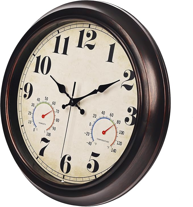 JENLYSTIME 13 Inch Dark Brown Vintage Waterproof Indoor/Outdoor Wall Clock with Thermometer & Hygrometer Large Silent Numerals & Accurate Timekeeping for Living Room, Porch&Garden&Pool