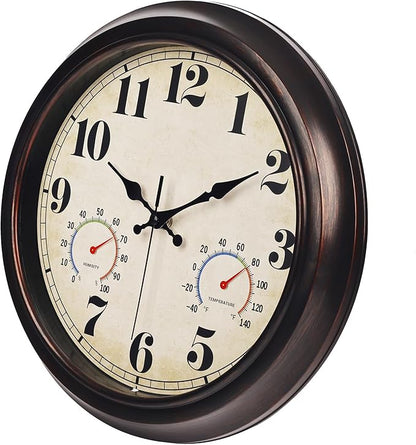 JENLYSTIME 13 Inch Dark Brown Vintage Waterproof Indoor/Outdoor Wall Clock with Thermometer & Hygrometer Large Silent Numerals & Accurate Timekeeping for Living Room, Porch&Garden&Pool