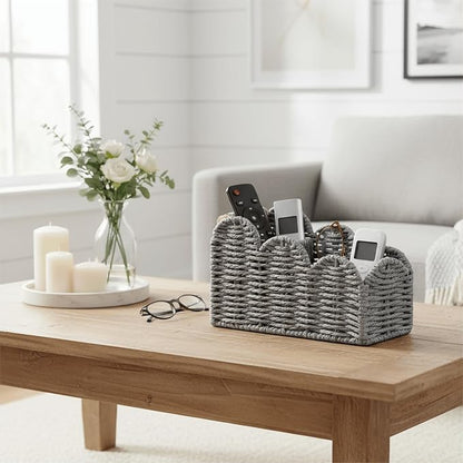 CubesLand Bedside Table Desk Organizer Caddy, Remote Pen&Pencil Holder Cup, Makeup Brush Holder w/Scalloped Perfect for Home, Office Desk, Living Room Table Decor, 3 Slots Grey