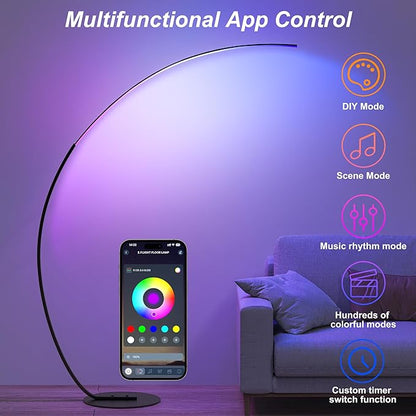 E.P. Light RGBW Modern 69.99 inch Arched Standing Reading Floor Lamp with Remote - Dimmable Black Led Color Changing Curved Ambient Lighting for Bedroom and Living Room