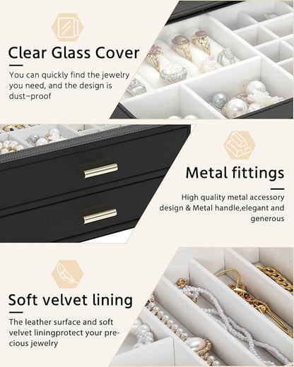 AKOZLIN Jewelry Box with Clear Lid Functional Leather Jewelry Storage Organizer Case 2 Drawers for Women Girls Necklace Ring Bracelet Earring