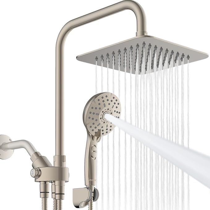Ryamen Dual Shower Head Combo, 8'' High Pressure Rain Shower Head with Handheld Spray, 6+1 Spray Settings Handheld Showerhead, Height Adjustable, One-touch Pause Button, Brushed Nickel