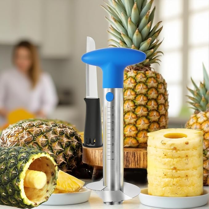 YYP Pineapple Corer and Slicer with Measurement Marks – Stainless Steel Pineapple Cutter for Perfect Pineapple Rings & Effortless Cutting (Blue)