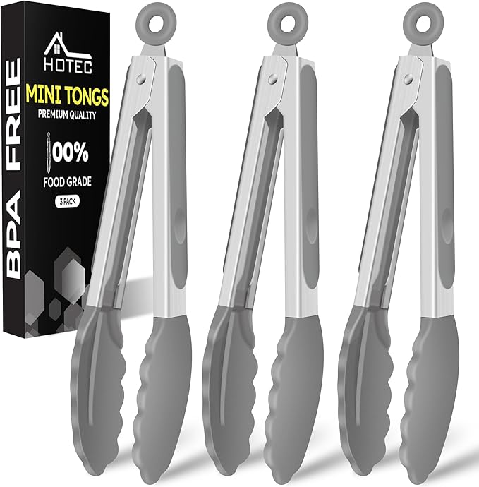 Hotec Mini Silicone Kitchen Tongs for Cooking - 7-Inch Small Serving Tongs with Silicone Tips, Set of 3 (Grey)