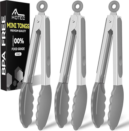 Hotec Mini Silicone Kitchen Tongs for Cooking - 7-Inch Small Serving Tongs with Silicone Tips, Set of 3 (Grey)