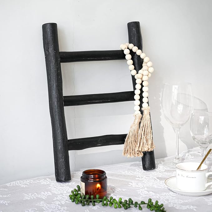 FUIN Fully Assembled Wooden Tea Towel Ladder, Mini Ladder Towel Rack Display Hanger, Small Rustic Farmhouse Tea Towel Stand Holder for Country Bathroom Decor, Black