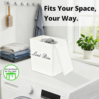 Artilife Magnetic Plastic Lint Bin with Lid for Laundry Room, 6 X 5 Inch Compact Wall Mount Lint Holder for Dryer, Small White ABS Trash Can for Dryer Lint and Sheets