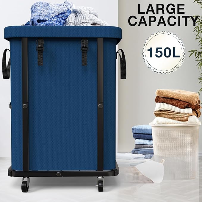 40 Gal(150L) Laundry Basket with Lid, Rolling Laundry Hamper with Wheels, Dirty Clothes Hamper with Metal Frame and Removable Bag Design, Suitable for Laundry Room, Bedroom (Dark Blue, 150L)