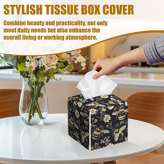 Honeybee White Daisy Tissue Box Cover 2PCS, Leather Tissue Box Holder Square Facial Paper Case Tissue Box Cube Organizer for Bathroom Bedroom Desk Office