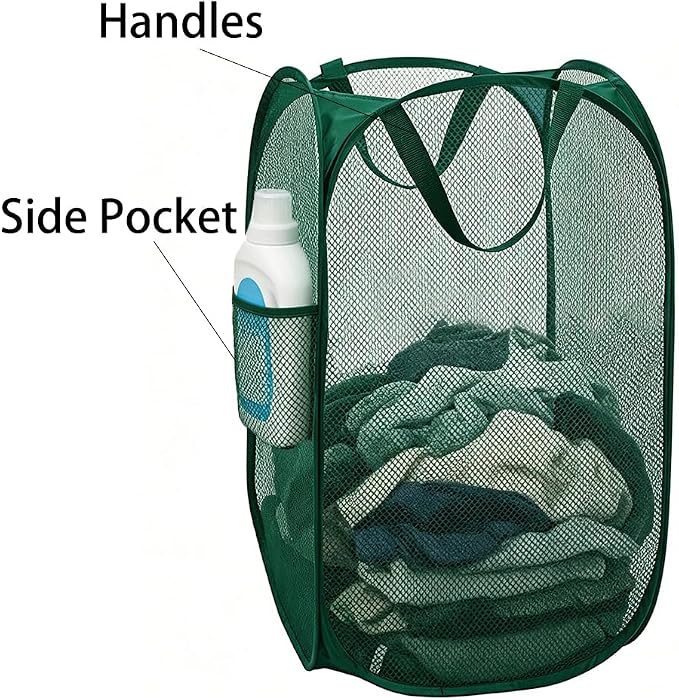 Larpur Pop Up Laundry Hamper Collapsible Laundry Basket, Portable Mesh Clothes Hamper, Dark Green