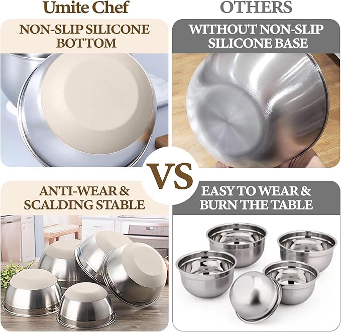 Umite Chef Mixing Bowls with Airtight Lids Set, 8PCS Stainless Steel Nesting Bowls with Grater Attachments, Non-Slip Bottoms, 5, 4, 3.5, 2, 1.5QT for Mixing & Serving