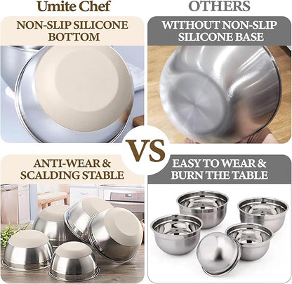 Umite Chef Mixing Bowls with Airtight Lids Set, 8PCS Stainless Steel Nesting Bowls with Grater Attachments, Non-Slip Bottoms, 5, 4, 3.5, 2, 1.5QT for Mixing & Serving