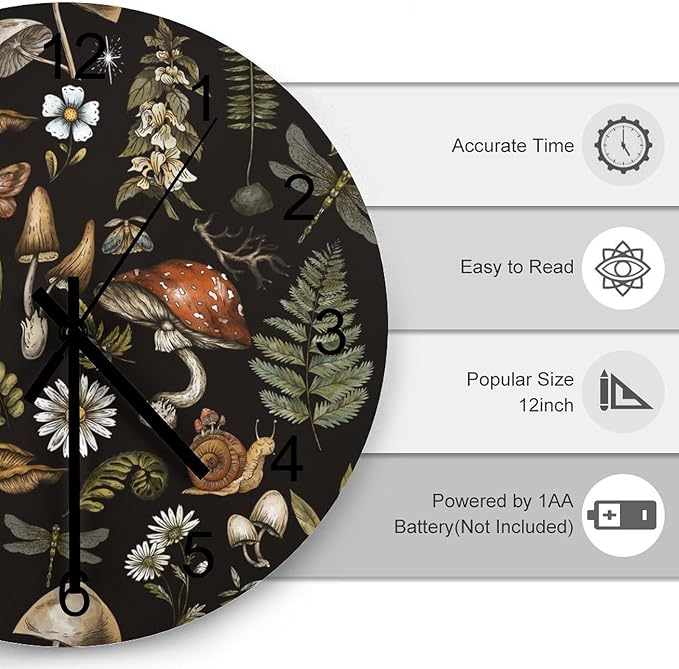 Botanical Wall Clock, Vintage Plant Botanical Cartoon Mushroom Flower Round Clocks Wall Decor Silent No Ticking 12 Inch Wooden Clock for Bedroom Living Room Home Office