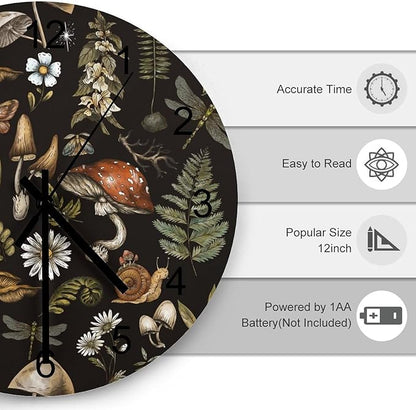 Botanical Wall Clock, Vintage Plant Botanical Cartoon Mushroom Flower Round Clocks Wall Decor Silent No Ticking 12 Inch Wooden Clock for Bedroom Living Room Home Office