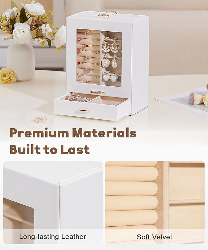Homde Jewelry Organizer Girls Women Jewelry Box for Necklaces Rings Earrings Gift Bracelets Storage Case (White + Gold)
