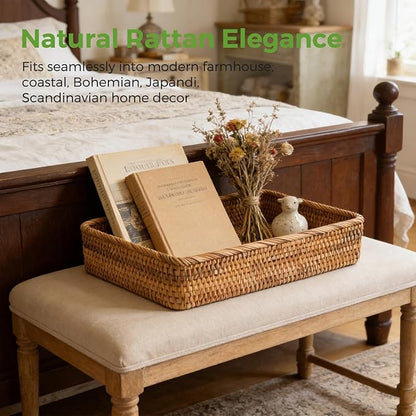 Wicker Storage Tray, Rattan Basket Rectangular for Bathroom Living Room, Decorative Serving Woven Trays Wicker Baskets for Organizing Home Decor L(15.7" × 11")