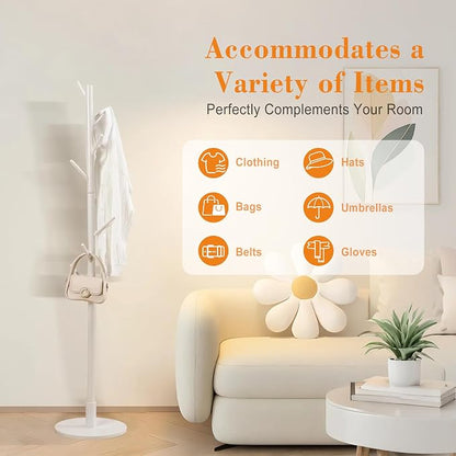 VECELO Coat Rack Freestanding, Entryway Hanger Stand, Umbrella Holder, Hall Tree With Hooks, Floor Standing Tree Stand,White