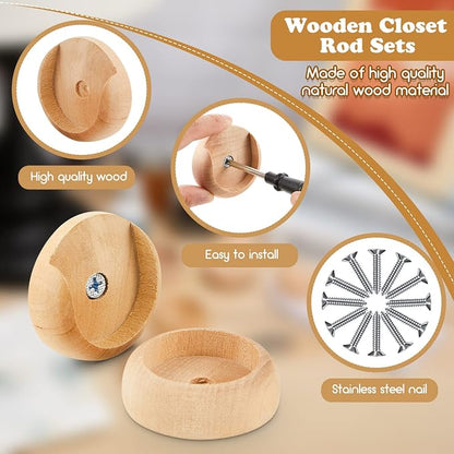 Yookeer 4 Pack Wooden Closet Pole Sockets 1-3/8" Closet Rod Holders Pole Holders for Wardrobe Hallway Bathroom Curtain Clothing Store(Wood Color)