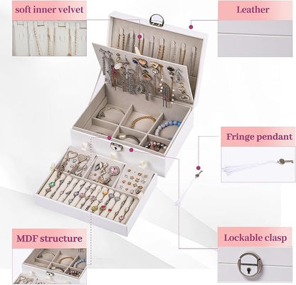 BOOVO Earring Jewelry Box For Women Girl Stud Organizer, 4 Layers Girl Jewelry Organizer Box With Lock Earring Holder Organizer Necklace Ring Jewelry Organizer Box For Girls (White, 4 layer)