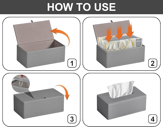 GOLRANLYE Tissue Box Cover Rectangular 9.8"(L) x 5.3"(W) x 4.3"(H) Refined Modern PU Leather Facial Tissue Dispenser Box Holder for Dresser Bathroom Decorative (Linen Grey)