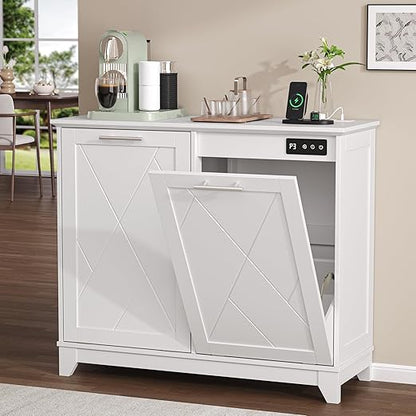 Double Tilt Out Trash Can Cabinet with Charging Station, Negative Ion Odor Control, Hidden Dual 10-Gallon Recycling Cabinet, Dog Proof Garbage Can for Kitchen, Laundry, Dining Room,White
