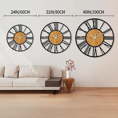 1st owned 40" Large Display Wall Clock for Home Decor - Silent,Battery Operated,Black Metal, Modern, Rustic Wood Clocks for Living Room,Farmhouse,Dining Room,Bedroom,Shop Wall Decor- Roman Numerals