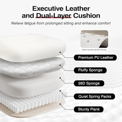Office Chair Comfy, Big and Tall Executive Leather Chair, High Back Ergonomic Wide Chair with Footrest, Reclining Computer Desk Chair, Heavy Duty Gaming Chair with Padded Arm and Pillow, White