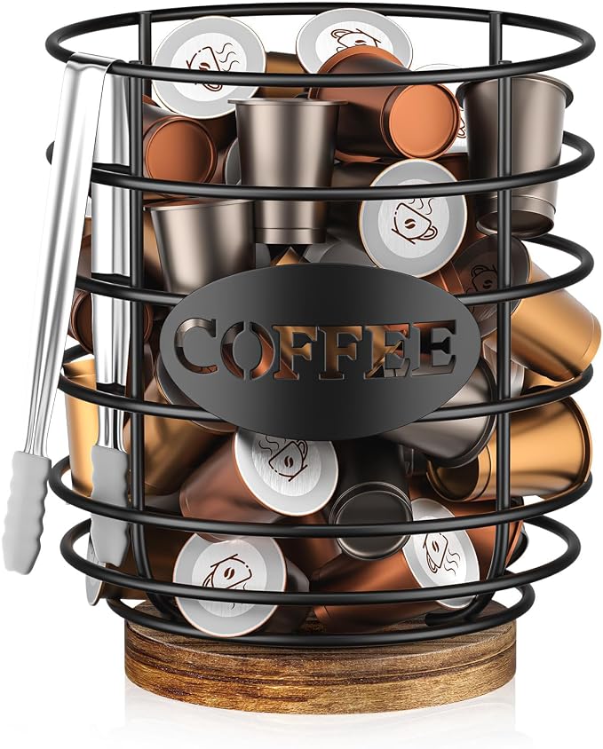 Uniclife Coffee Pod Holder K Cup Holder with Ice Tongs, Large Capacity Coffee Pod Storage for 10-30 Capsules Metal Wire Cup Organizer Coffee Pod Organizer with Wooden Base, Storage Basket for Kitchen