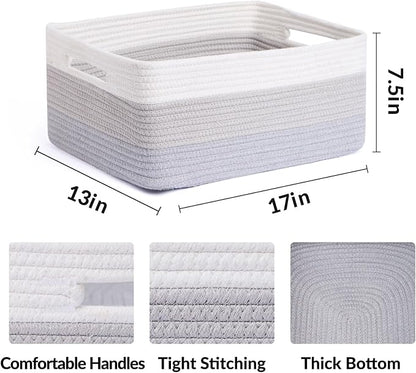 MiniArk Large Storage Baskets for Shelves, Closet Organizers Bins for Clothes Blanket Towels, Baby Nursery, Toy Baskets Box, Woven Rope Baskets, 17 x 13 x 7.5”, 3 Packs Gradient Grey