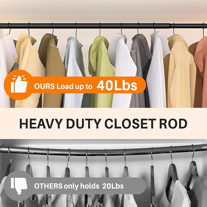 Closet Rod for Hanging Clothes, 17 to 52 Inch Adjustable Closet Hanging Rod, Heavy Duty Clothes Hanging Rod Bar Black Metal Closet Poles with Threads for Wardrobes, Closet, Bathroom, Windows