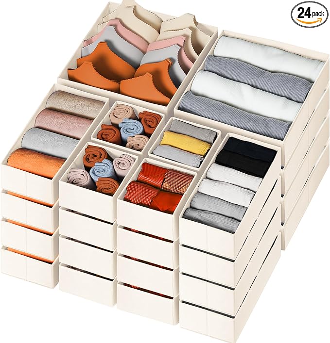 Criusia Drawer Organizer Clothes, 24 Pack Dresser Organizer Bins for Nursery Bedroom, Closet Organization and Storage Dividers for Clothing, Baby Clothes, Underwears, Socks (Beige)