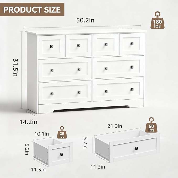 Dresser for Bedroom with Power Outlets Wide Chest of Drawers with 8 Drawers Modern Wooden Dressers with Metal Handle Large Closet Store Organizer for Bedroom Living Room Hallway Closet White