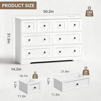Dresser for Bedroom with Power Outlets Wide Chest of Drawers with 8 Drawers Modern Wooden Dressers with Metal Handle Large Closet Store Organizer for Bedroom Living Room Hallway Closet White