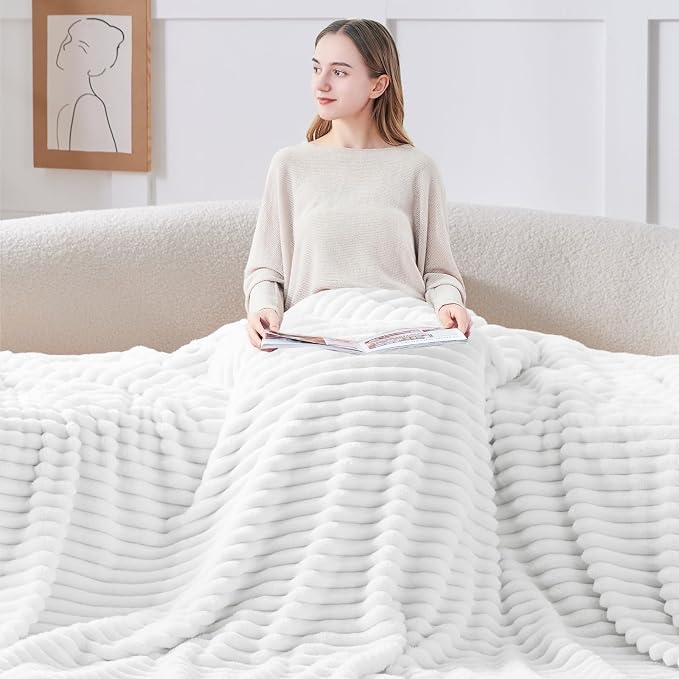 BEDELITE Fleece Throw Blanket for Couch - 300GSM Soft & Warm Fluffy White Blanket, Decorative and Giftable Striped Blankets for Women, Men, 50"x60"