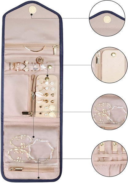 BAGSMART Travel Jewelry Organizer Case Foldable Jewelry Roll for Journey Rings, Necklaces, Earrings, Bracelets,Mini,Smokey Blue