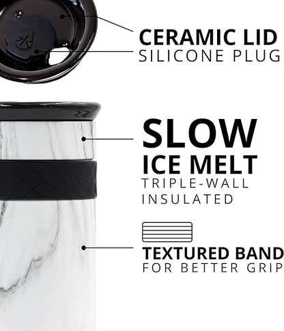 Elemental Artisan Insulated Tumbler, Triple Wall Coffee Travel Mug, Reusable Stainless Steel Coffee Tumbler with Ceramic Lid, Thermal Coffee Cups for Hot (6 Hrs) & Cold (18 Hrs), 12oz - White Marble