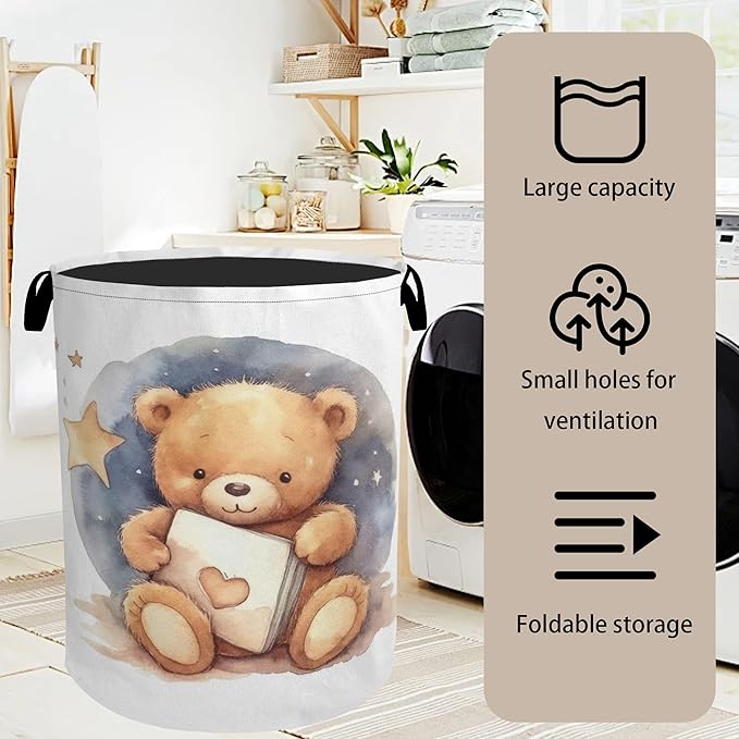 Cute Bear Good Night Foldable Canvas Laundry Basket with Handles - Toy Organizer, Heavy Duty for Home，Bedroom, Dorm, Bathroom