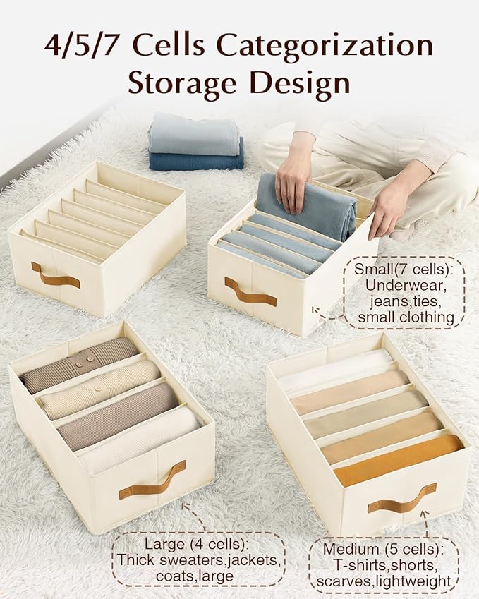Homsorout Clothes Organizers and Storage - 4/5/7 Grids Fabric Jeans Organizer with Handles, Foldable Closet Organizers Dividers, Wardrobe organizer for Pant, Sweater, T-shirt, Scarf, 3 Pack, Beige