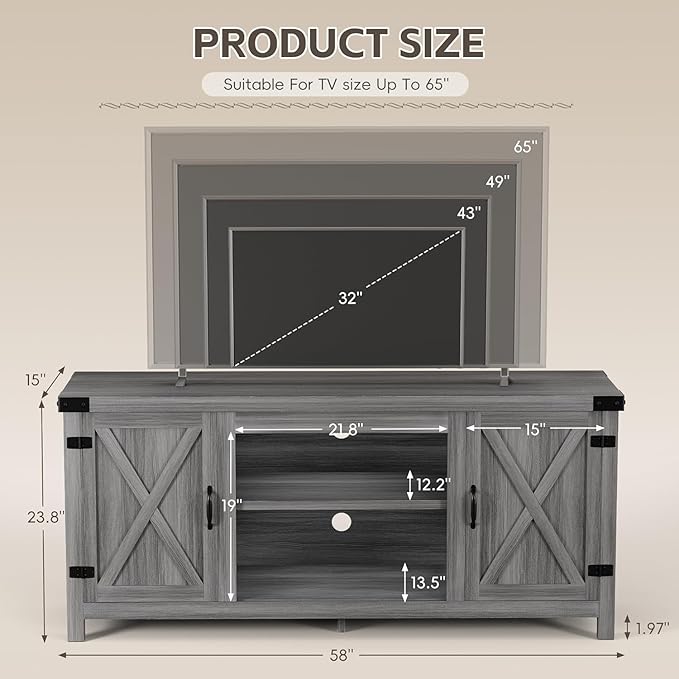 YESHOMY Modern Farmhouse TV Stand with Two Barn Doors and Storage Cabinets for Televisions up to 65+ Inch, Entertainment Center Console, Media Furniture for Living Room, 58 Inch, Gray Wash & Rustic