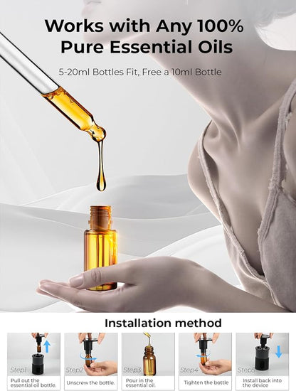 Waterless Essential Oil Diffuser: 𝟗 𝐂𝐨𝐥𝐨𝐫𝐬 𝐋𝐄𝐃 Scent Diffuser for Home&Car&Office - Portable Diffuser with 48H Battery, 4 Timers & 3 Mist Levels, Carbon Black