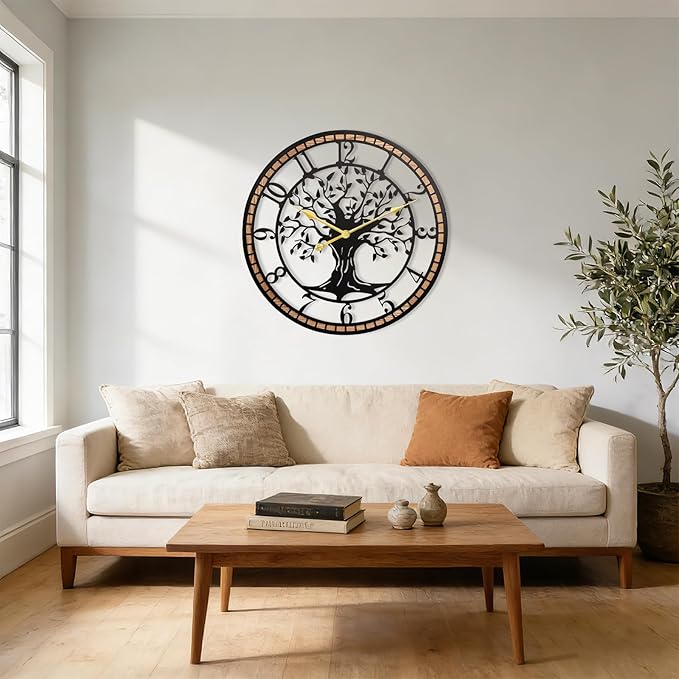 Axioglo Wall Clock,24" Large Wall Clock for Living Room Decor,Tree of Life and Wooden Frame Design,Non-Ticking Battery Operated,for Dining Room,Bedroom,Kitchen,Office Arabic Decoration