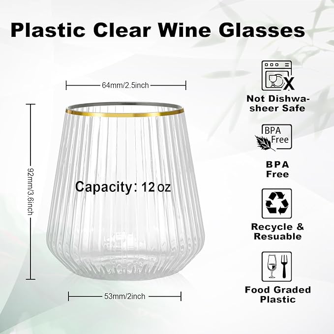 BESTSTAR 36 Pcs 12 oz Plastic Clear Gold Rim Ribbed Wine Glasses, Origami Ripple Disposable Champagne Glasses Elegant Whiskey Glasses Ideal for Weddings, Bars, Christmas, Pool Party, Daily Use